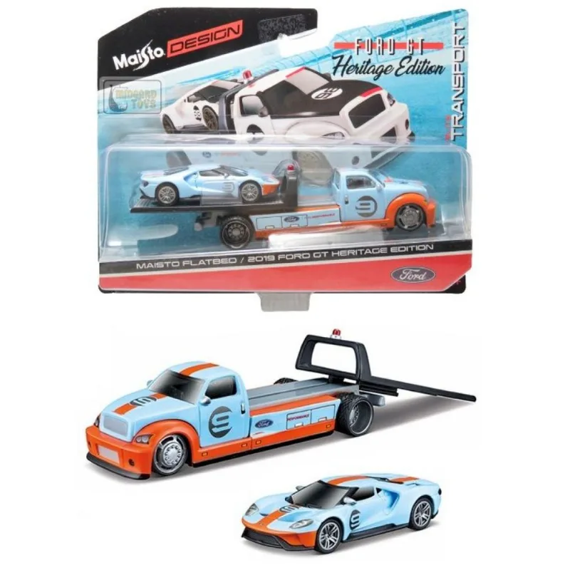 Guincho Maisto Flatbed + Ford GT Heritage Edition - Elite Transport - 1/64 - Maisto 2019 Ford GT Azul Gulf