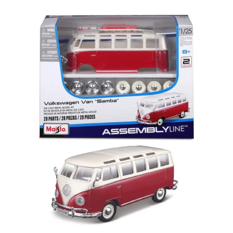Volkswagen Van Samba Kombi Vermelha - Kit em Metal p/ Montar - Assembly Line - 1/24 - Maisto