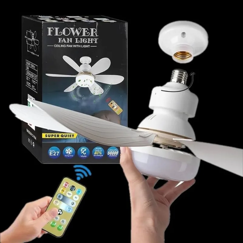 Super Ventilador Teto Bocal E27 Com Luminária Led Mais Controle Remoto