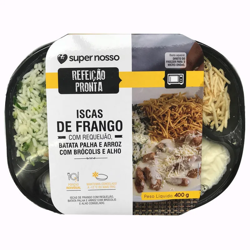 Refeição Pronta Super Nosso Iscas de Frango com Requeijão, Arroz com Brócolis e Batata Palha 400g - Supernosso