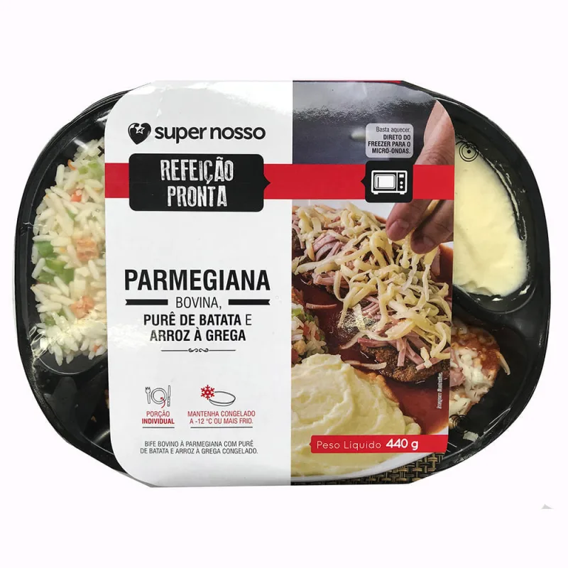 Refeição Pronta Super Nosso Bife Parmegiana Bovina, Purê de Batata e Arroz A Grega 420g - Supernosso
