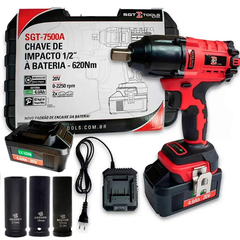 Chave De Impacto 20v 1/2 Pol 4ah C|bateria Maleta E Kit Soquetes Sgt-7500