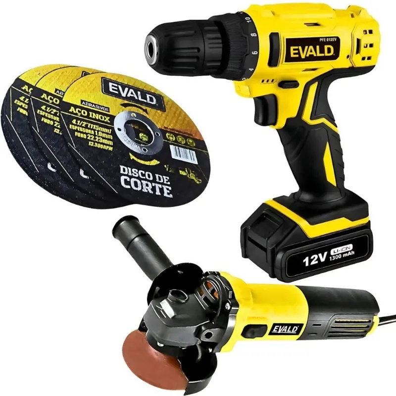 Parafusadeira e Furadeira 12V Bivolt + Esmerilhadeira Angular e 3 Discos de Corte 4.1/2 POL EVALD 220V