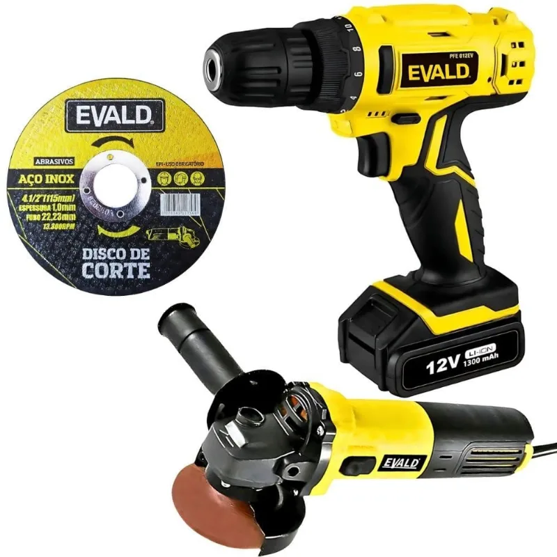 Parafusadeira e Furadeira 12V Bivolt + Esmerilhadeira Angular e Disco de Corte 4.1/2 POL EVALD 220V