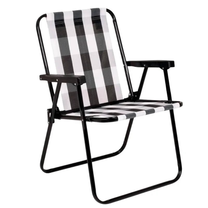 Cadeira de Praia Alta em Aço Pintado até 110kg Xadrez MOR Preto e Branco