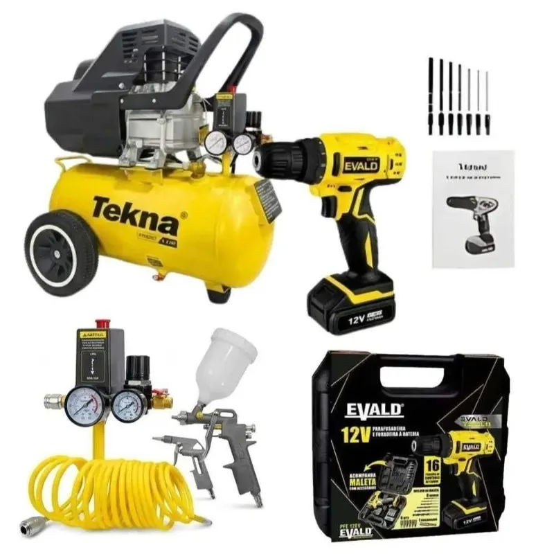 Compressor De Ar Com Kit 2,5hp 43l 127v E Parafusadeira 12v Bivolt Com Kit 13 Peças Tekna Evald