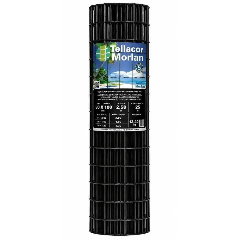 Tela Multiuso Revestida Em PVC Tellacor Aço Galvanizado Preta Morlan 1,5m X 25m
