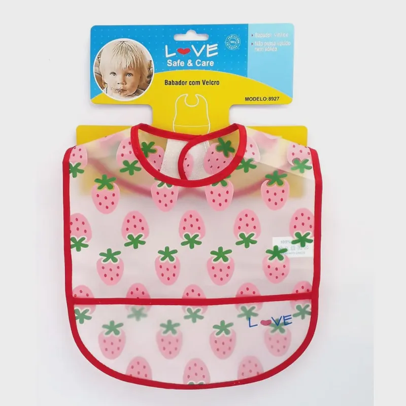 Babador De Plástico Com Bolso E Velcro - Love - Morango