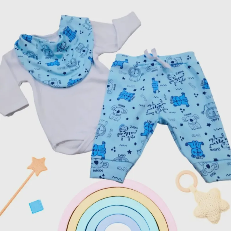 Kit body bebê com calça E bandana babador like on safari azul rn ao G