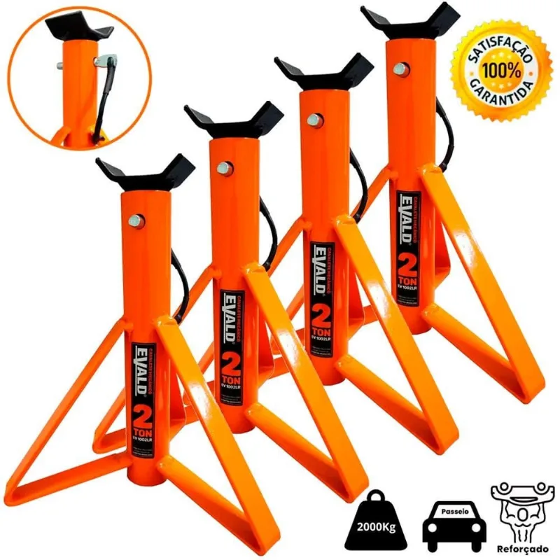 Cavalete Mecânico Automotivo 2 TON Kit 4 Peças EVALD Laranja
