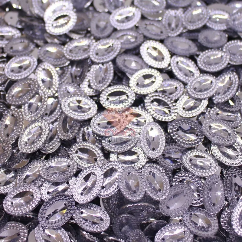 Chaton Para Costura Oval Com Borda 10X14mm Em Acrilico Com 250Gr Cristal Transparente