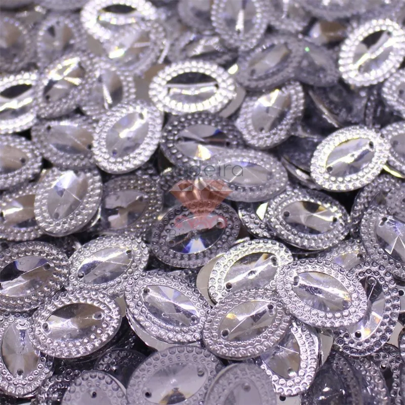 Chaton Para Costura Oval Com Borda 13X18mm Em Acrilico Com 250Gr Cristal Transparente