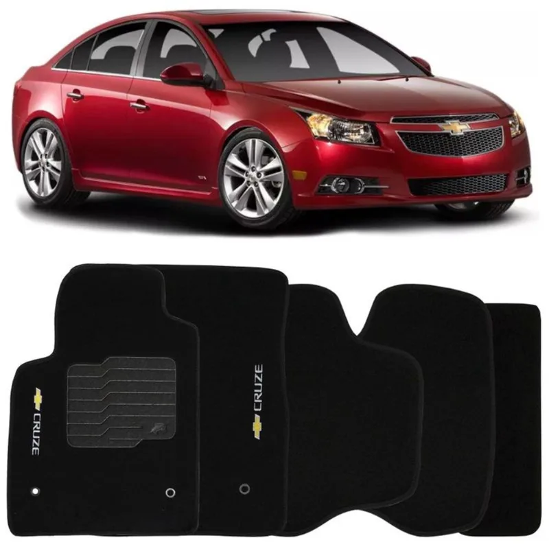 Jogo de Tapete Automotivo Carpete Chevrolet Cruze 2011 à 2016 Soft Logo Bordado Preto 5 Peças
