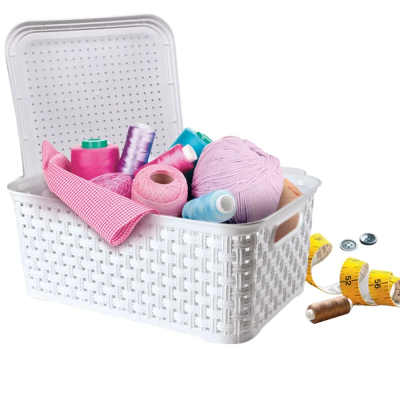 Cesto Pequeno Rattan Com Tampa e Alça Branco Prático Portátil Leve e Anti-Mofo 7,8L Organizer Interno - Não Disponível