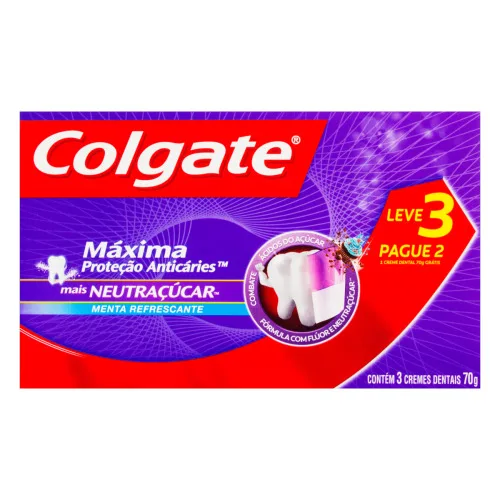 PACK CREME DENTAL MENTA REFRESCANTE COLGATE MÁXIMA PROTEÇÃO ANTICÁRIES CAIXA 70G CADA LEVE 3 PAGUE 2 - COLGATE