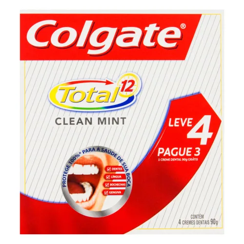 PACK CREME DENTAL CLEAN MINT COLGATE TOTAL 12 CAIXA 90G CADA LEVE 4 PAGUE 3 UNIDADES - COLGATE