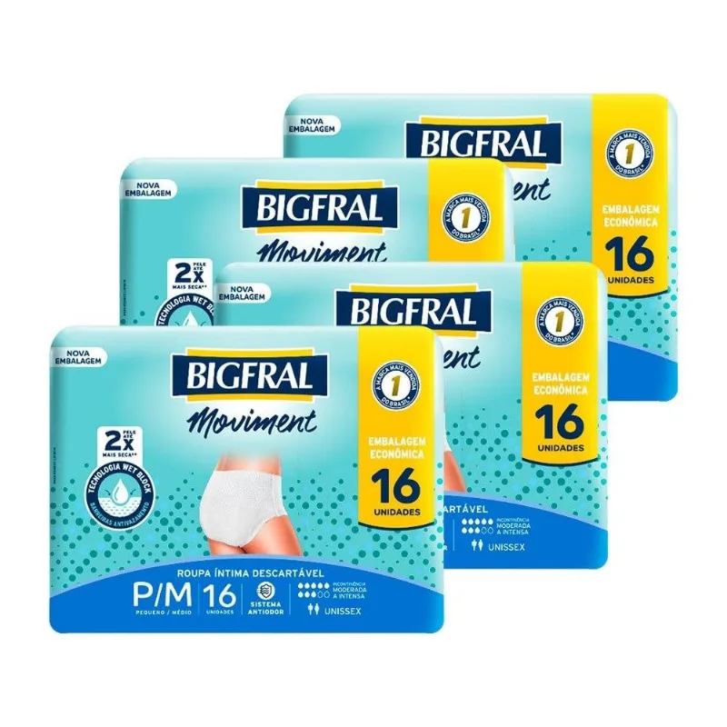 Roupa Íntima Bigfral Moviment Tamanho P/M - 4 Pacotes com 16 Fraldas - Total 64 Tiras
