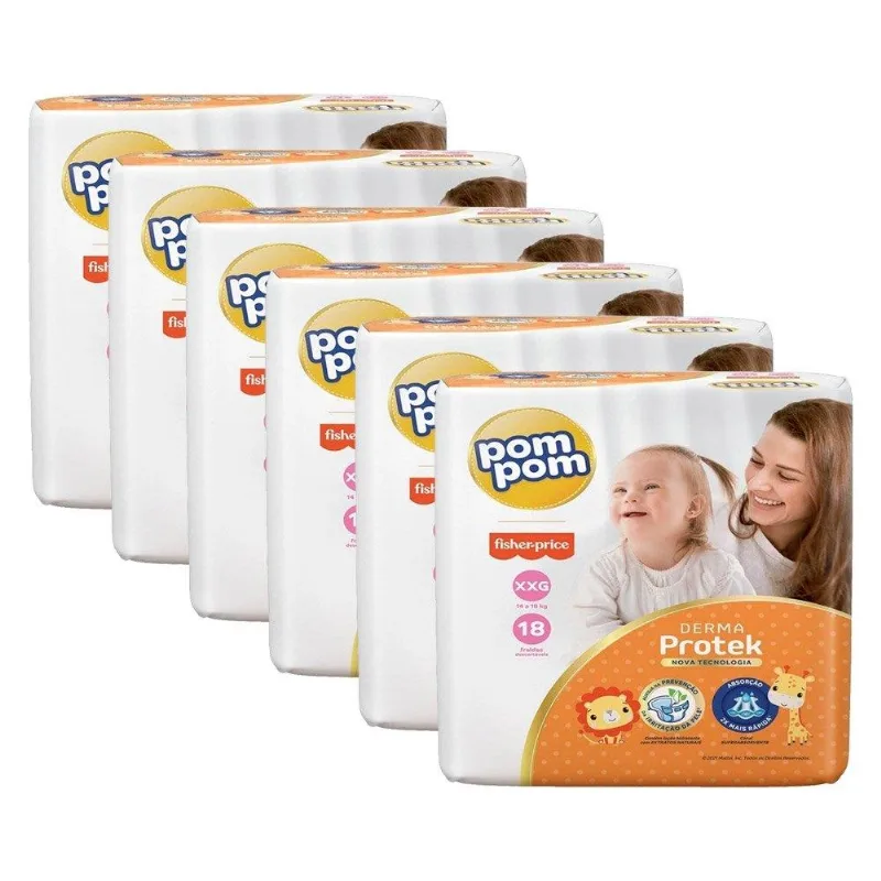Fralda Descartável Pom Pom Derma Protek Jumbo Tamanho XXG - 6 Pacotes com 18 Tiras