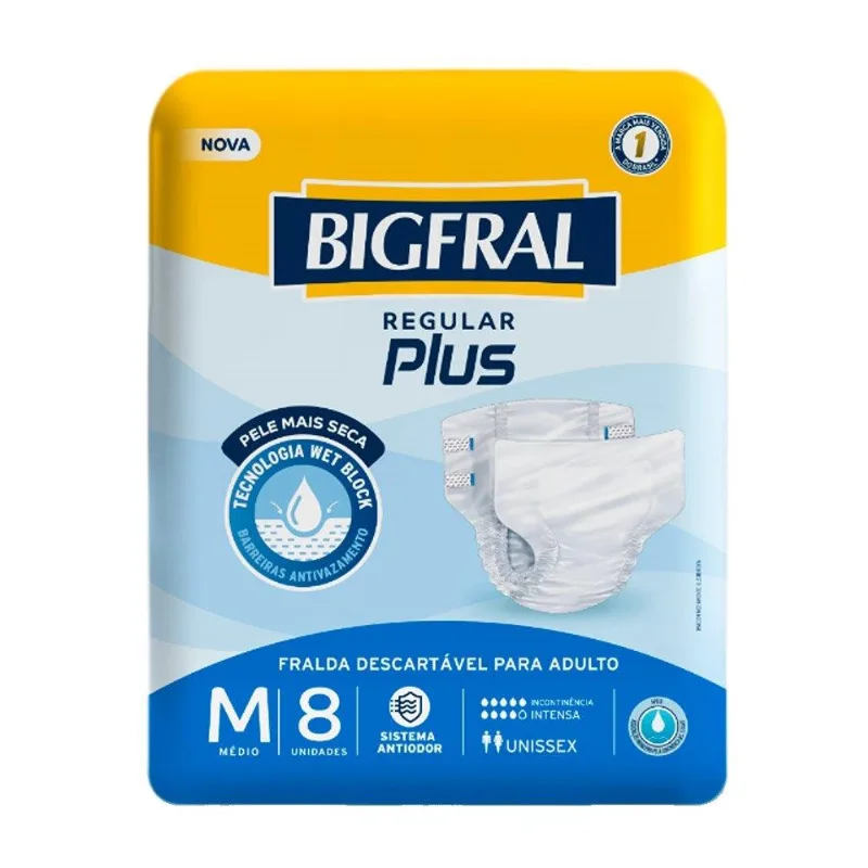 Fralda Descartável Geriátrica/Adulto Bigfral Regular Plus Tamanho M - 8 Pacotes com 8 Fraldas - Total 64 Tiras