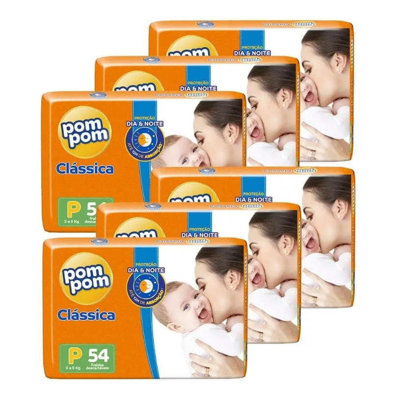 Fralda Descart??vel Pom Pom Cl??ssica Mega Pequena - 6 Pacotes com 54 Tiras