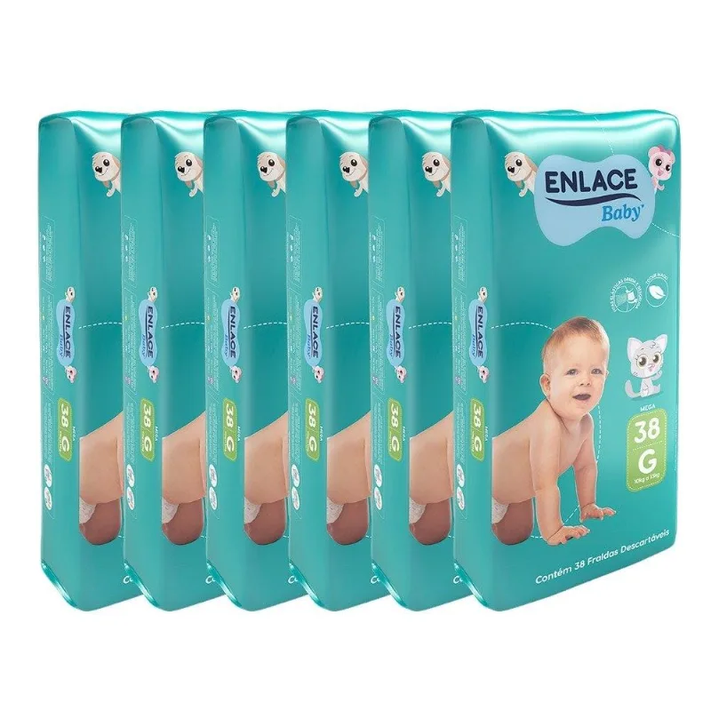 Fralda Descartável Enlace Baby Mega Tamanho G - 6 Pacotes com 38 Tiras