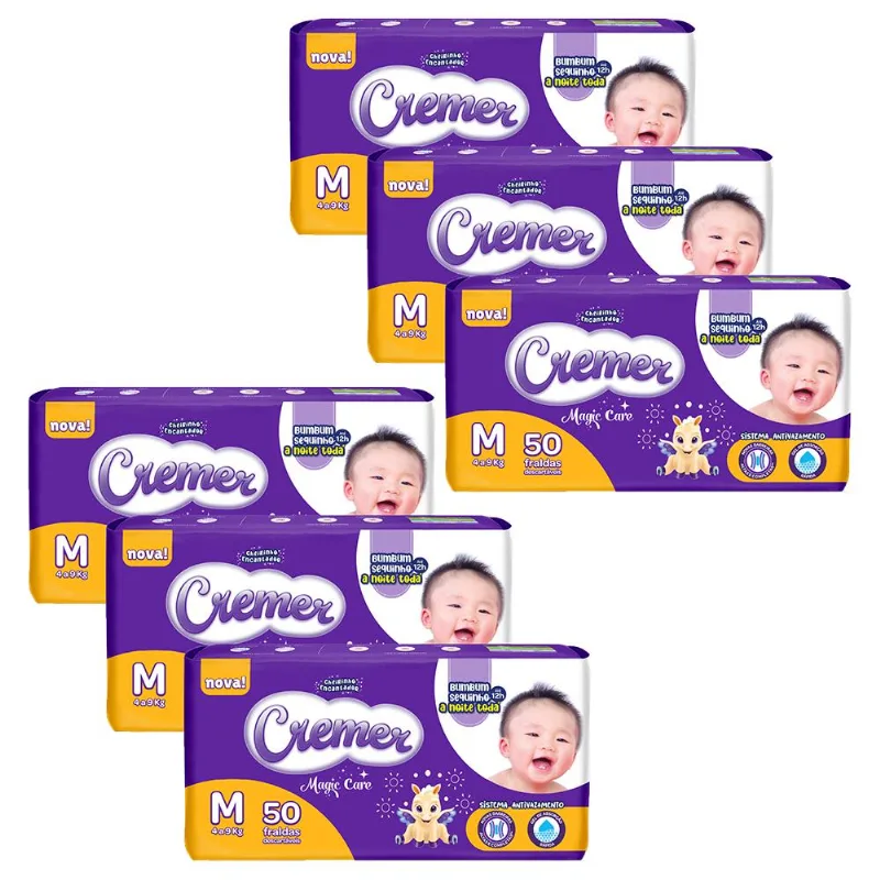 Kit 6 Fraldas Cremer Magic Care Mega M com 50un cada