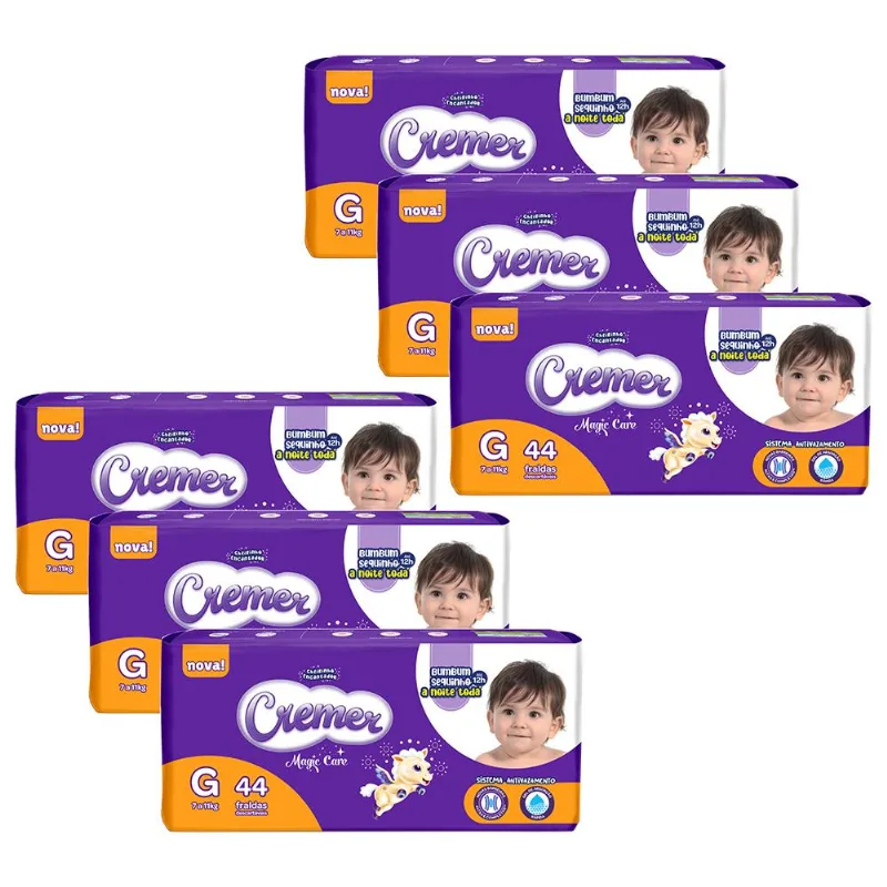 Kit 6 Fraldas Cremer Magic Care Mega G com 44un cada