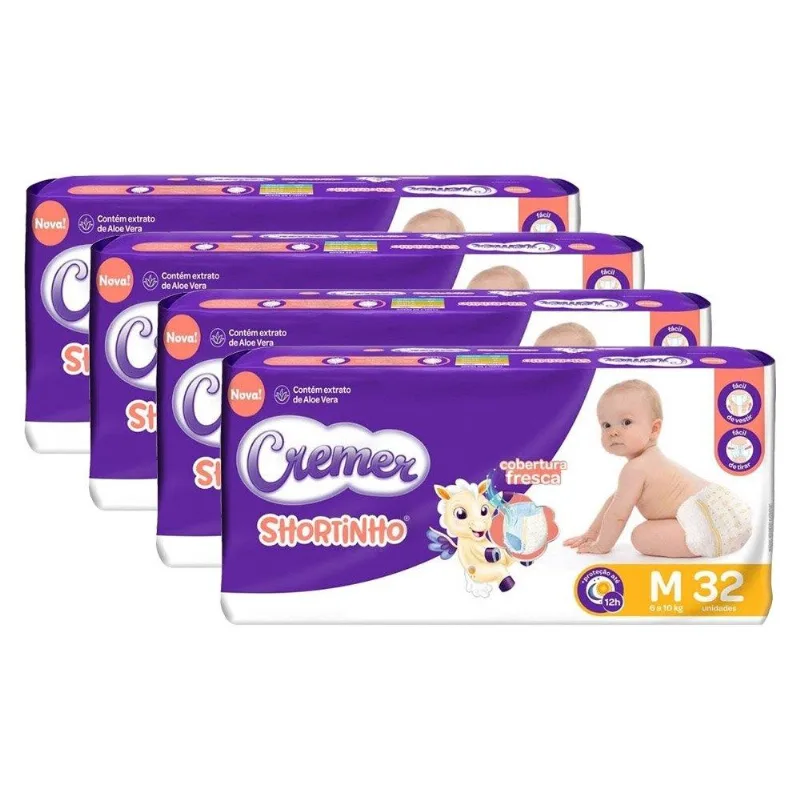 Fralda Descartável Cremer Shortinho Jumbo Tamanho M - 4 Pacotes com 32 Tiras