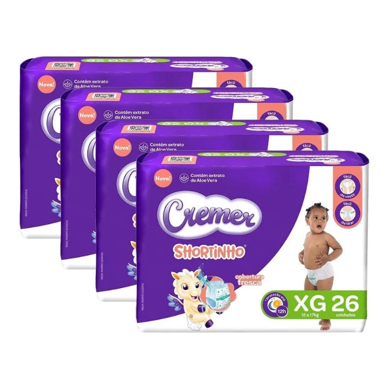 Fralda Descartável Cremer Shortinho Jumbo Tamanho XG - 4 Pacotes com 26 Tiras