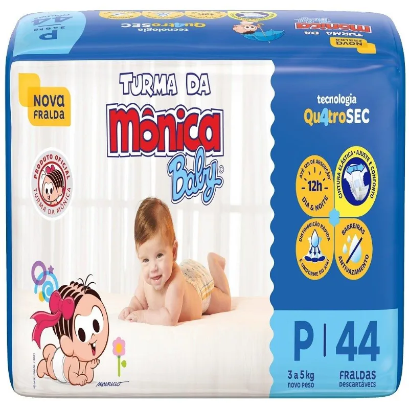 Fralda Descart?vel Turma da M?nica Econ?mica Pequena 6 Pacotes c/ 44 Fraldas