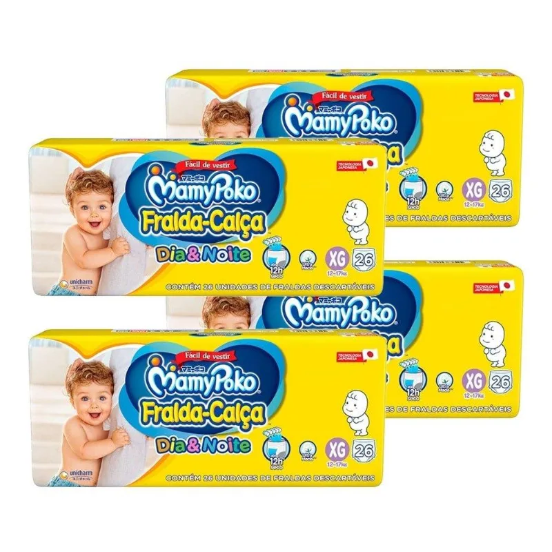 Fralda Descart??vel MamyPoko Cal??a Dia & Noite Jumbo Tamanho XG - 4 Pacotes com 26 Fraldas - Total 104 Tiras