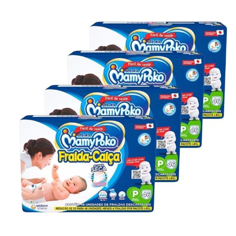 Fralda Descart??vel MamyPoko Cal??a Jumbo Tamanho P - 4 Pacotes com 46 Fraldas - Total 184 Tiras