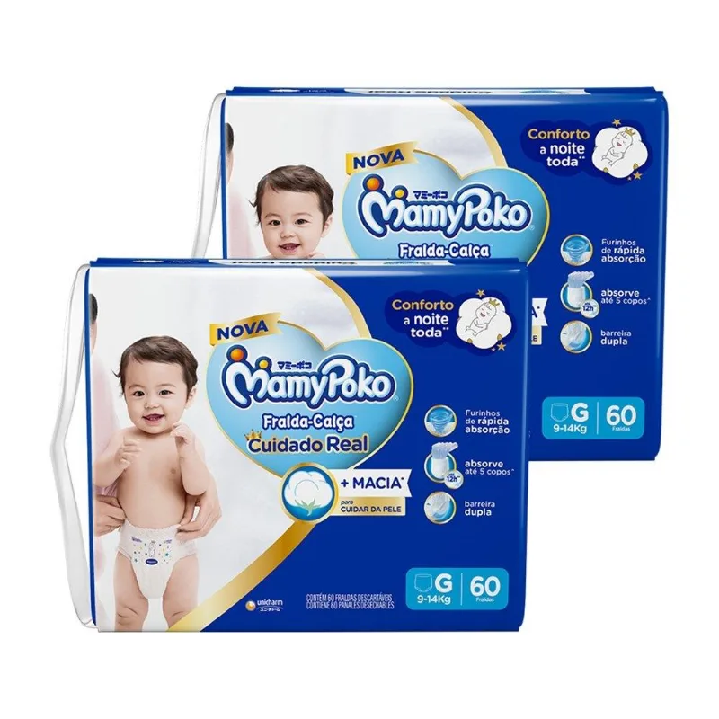 Fralda Descart??vel MamyPoko Cal??a Premium Seca Tamanho G - 2 Pacotes com 60 Fraldas - Total 120 Tiras