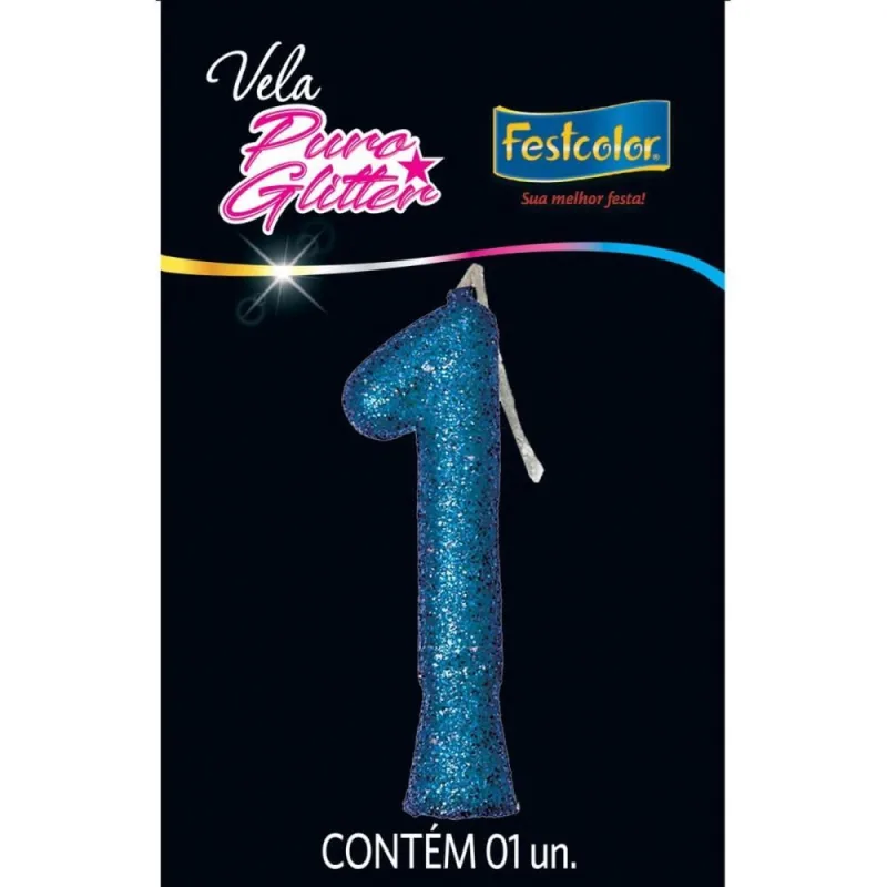 Vela para Aniversario N.01 Glitter Azul - Festcolor