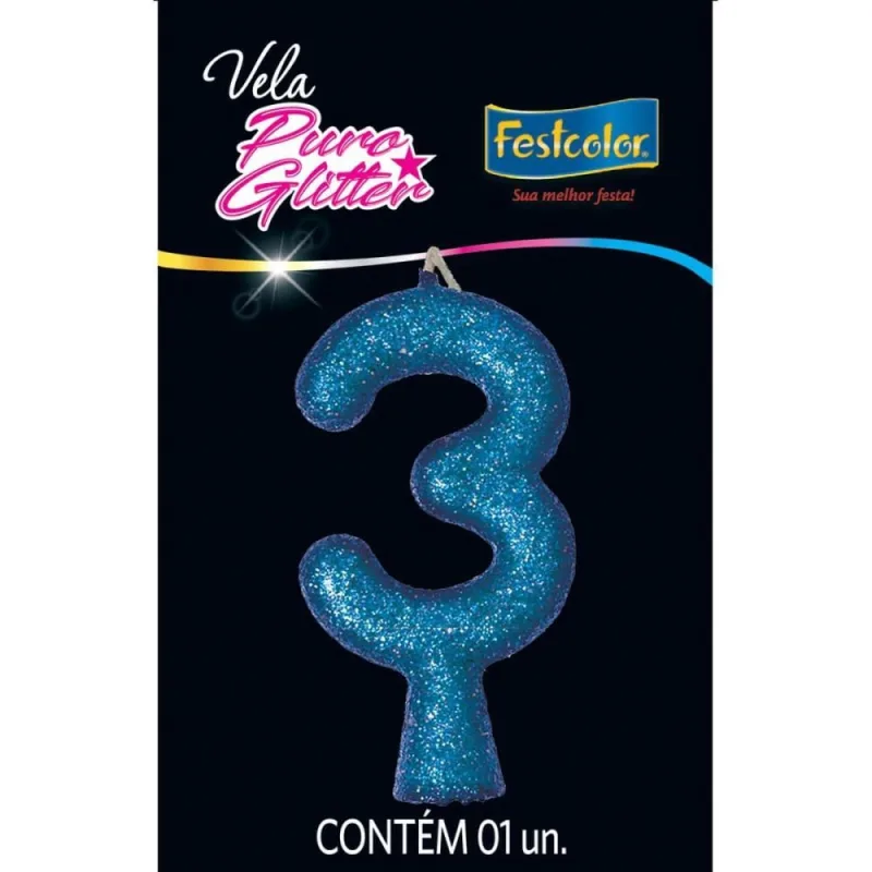 Vela para Aniversario N.03 Glitter Azul - Festcolor
