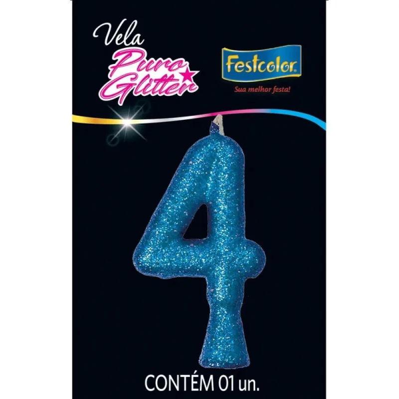 Vela para Aniversario N.04 Glitter Azul - Festcolor