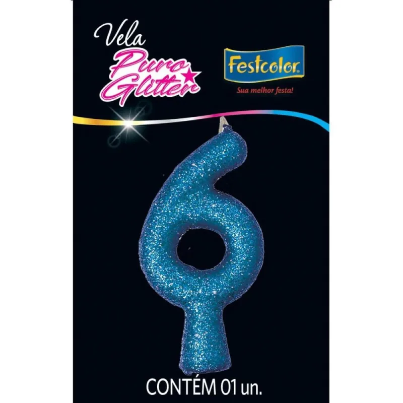 Vela para Aniversario N.06 Glitter Azul - Festcolor