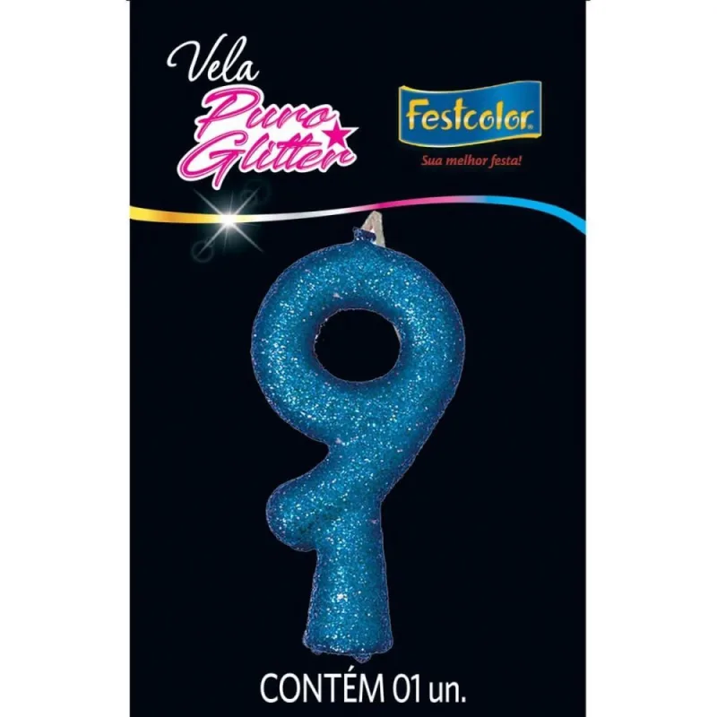 Vela para Aniversario N.09 Glitter Azul - Festcolor