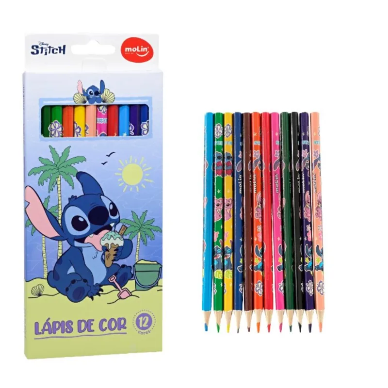 Lápis de Cor Stitch Disney com 12 Cores Escolar - Molin