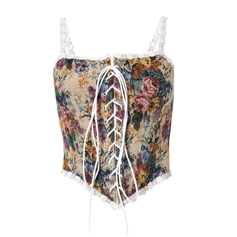Mulheres Strappy Sexy Corset Crop Top Vintage Flower Print Com Curativo Para O Verão - L