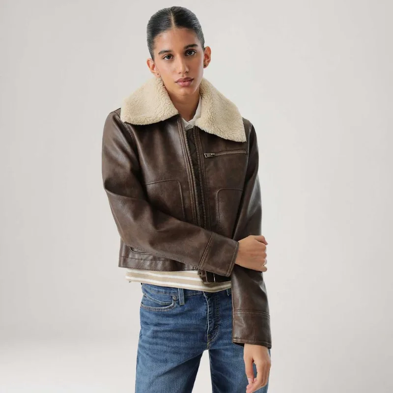 Jaqueta Couro Sintético Levi's® Giii Cropped Vintagem Aviator Sherpa Marrom - L USA | G BR