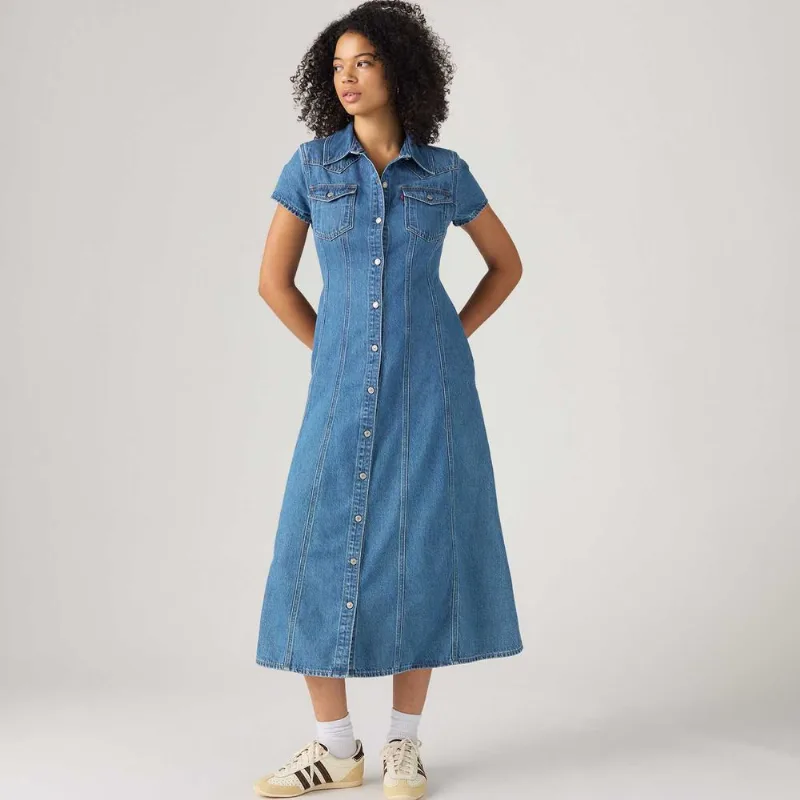 Vestido Jeans Levi's® Fit and Flare Western Lavagem Média Manga Curta - XL USA | GG BR