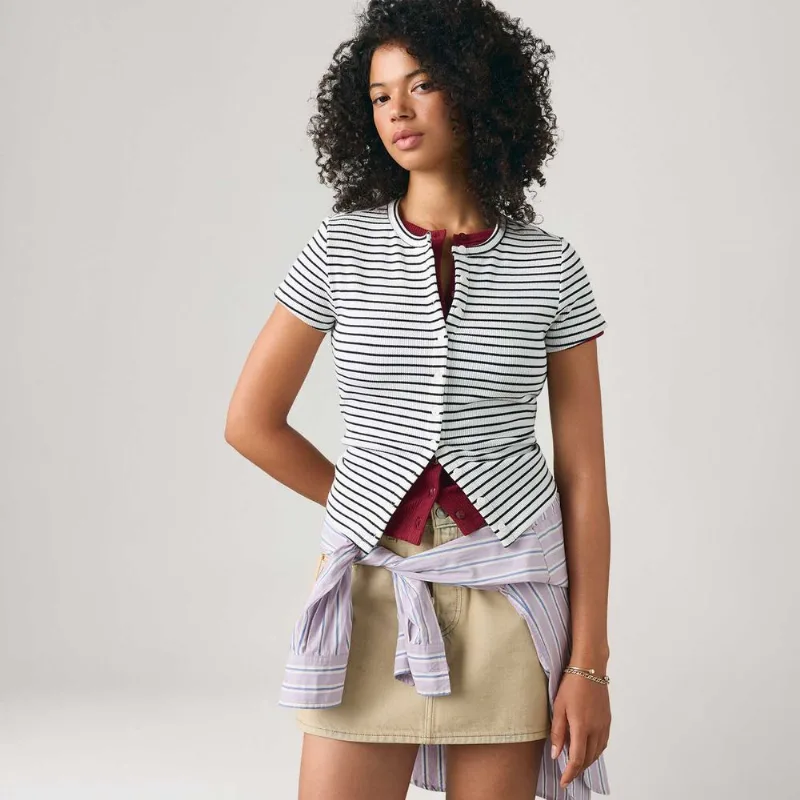 Blusa Levi's® Rory Button Through Listrada Branca Manga Curta - XL USA | GG BR