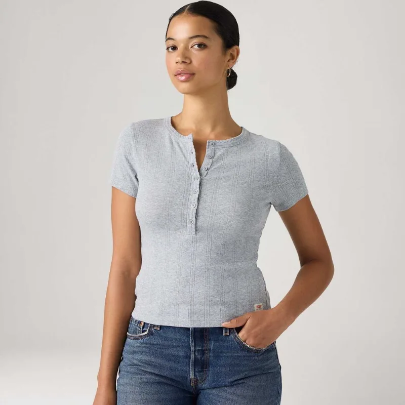 Blusa Levi's® Dry Goods Pointelle Henley Cinza Claro Manga Curta - M USA | M BR