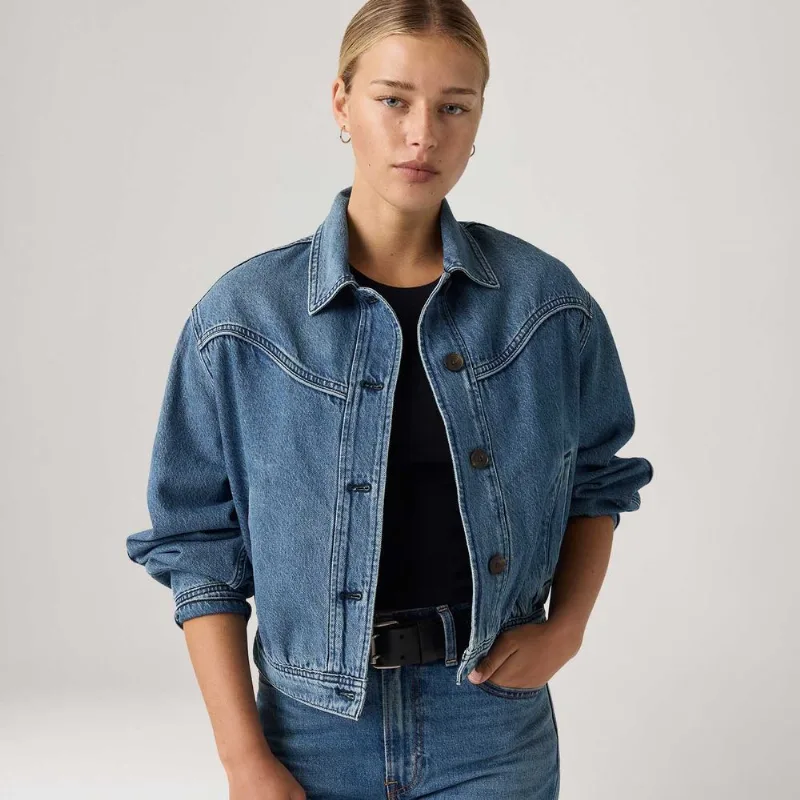 Jaqueta Jeans Levi's® Dani Western Harrington Lavagem Média - L USA | G BR