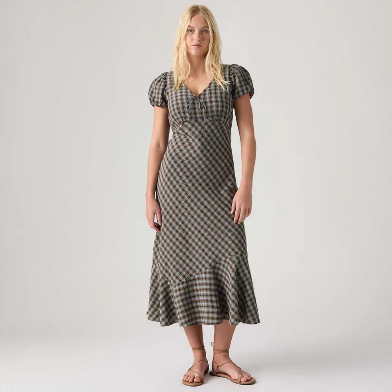 Vestido Levi's® Lira Midi Xadrez Marrom Manga Curta - L USA | G BR