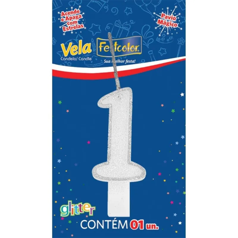 Vela para Aniversario N.01 Glitter Branca - Festcolor