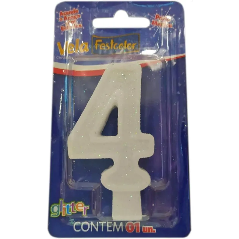 Vela para Aniversario N.04 Glitter Branca - Festcolor