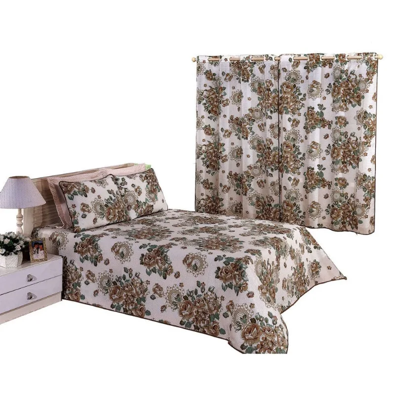 Colcha Cobre Leito Casal Queen Kit 4 Peças Com Cortina
