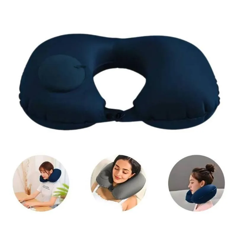 Almofada Inflável Azul Portátil Conforto Pescoço E Lombar